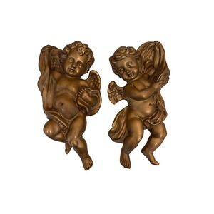 Homco 1120 Wall Angels Set Gold Cherub Plaques Hollywood Regency Decor